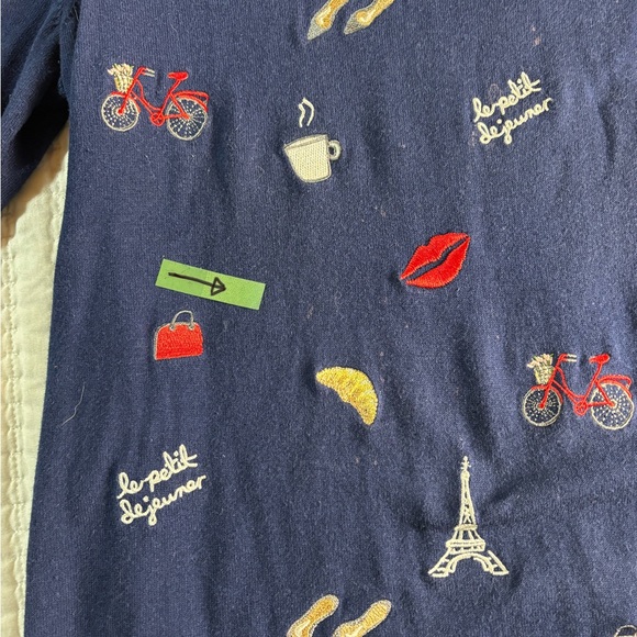Talbots Petites Paris Embroidered Sweater MP Navy Eiffel Tower Croissant Coffee - Picture 4 of 6